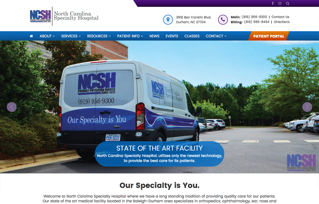 North Carolina Specialty Hospital Website Design Screen Shot Main